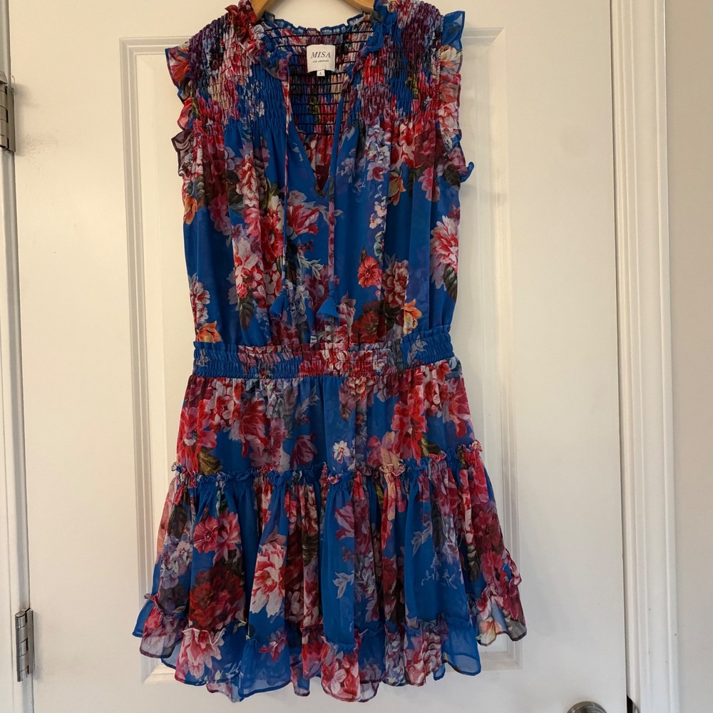 MISA Los Angeles Blue Floral Smocked Tiered Ruffle Mini Dress Size L Made in USA